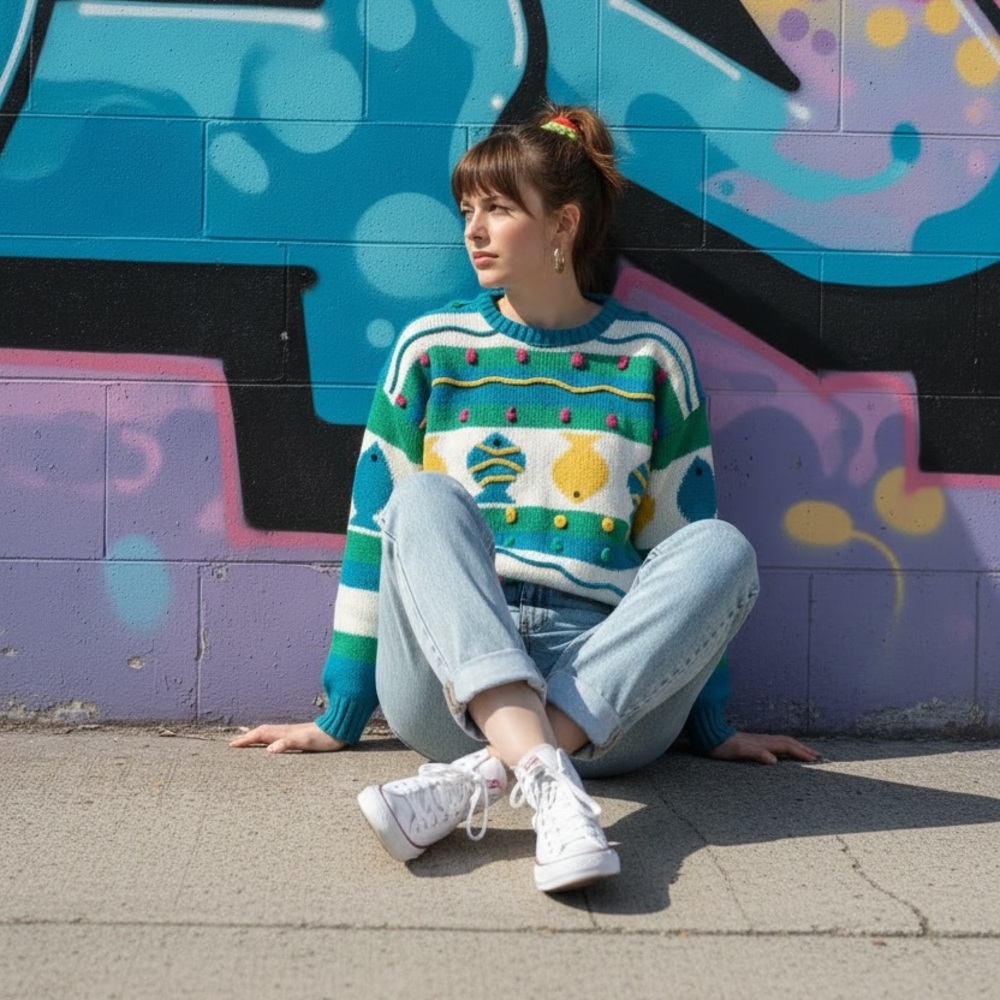 Vintage Gen X Colorful Fish Pattern Sweater